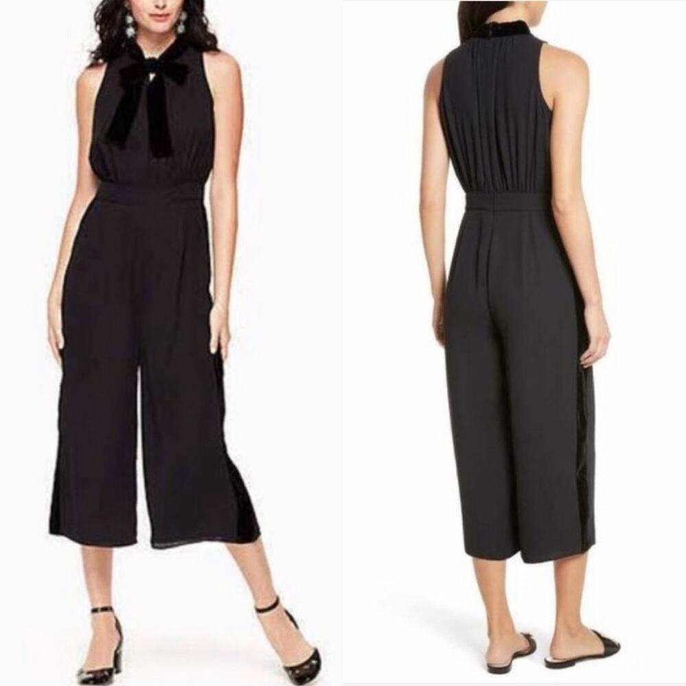 Kate Spade Sleeveless Jumpsuit Mixed Black Velvet Women Size 4 Crop Pant NEW NWT